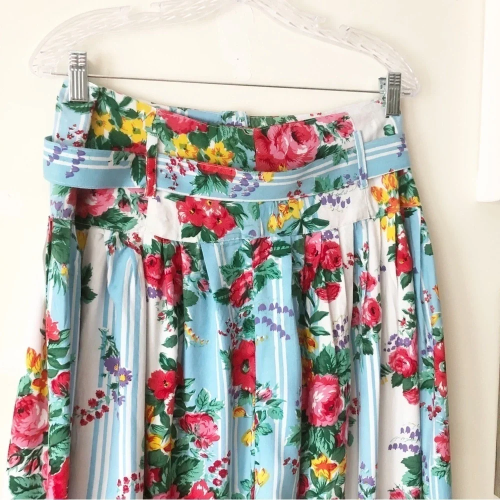 Vintage 90s Prairie Cottagecore Floral Striped Rayon Midi Skirt Belted Size 10